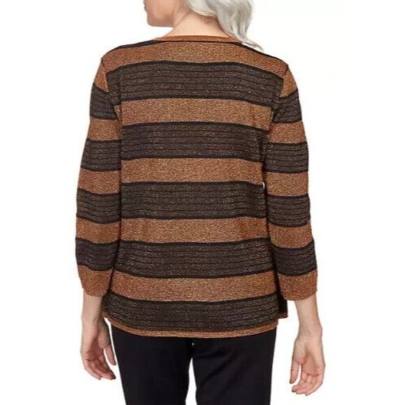 Alfred Dunner Cardigan Top Metallic Stripe Brown 3/4 Sleeve 2-n-1 - Picture 2 of 11